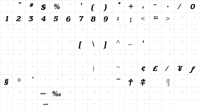 EquestrienneBoldItalicTab Regular  glyph index