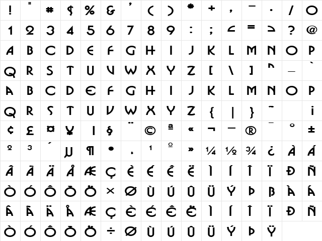 Bosnia Wide Bold  glyph index