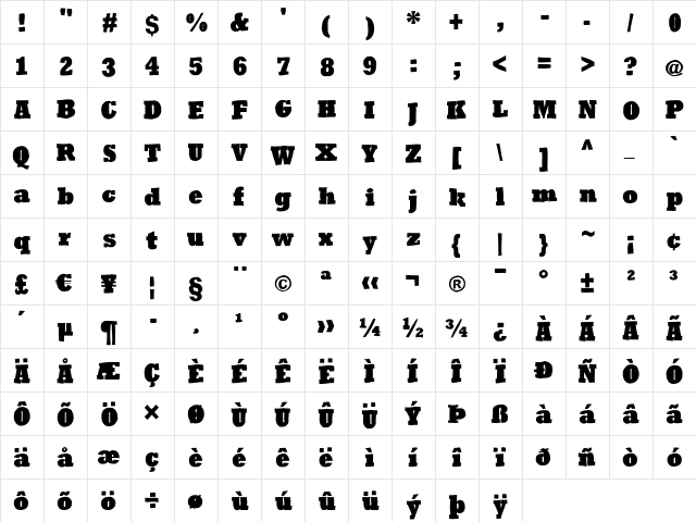 RoughRockys Regular  glyph index