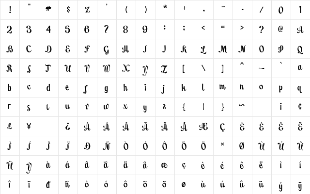 Lets Espresso Regular  glyph index