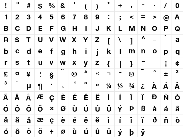 Helvetica Neue ET Std 75 Bold  glyph index