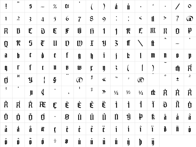 TexturGotisch LT Regular  glyph index