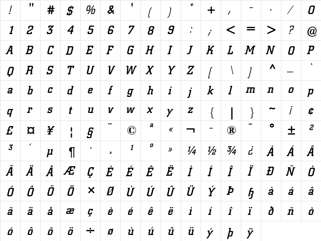 Berthold City Medium Italic  glyph index