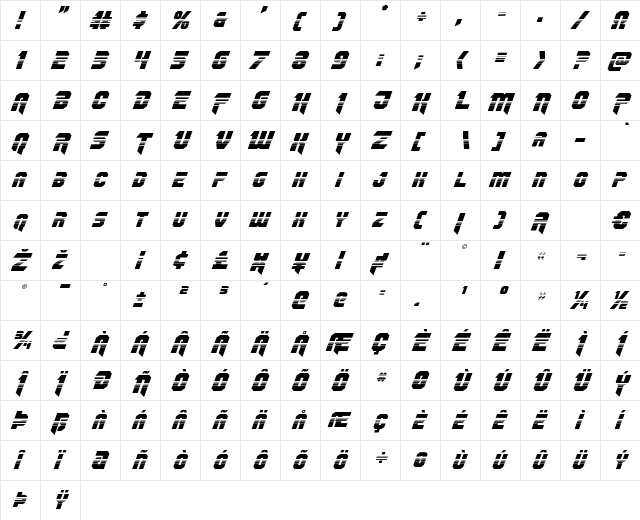 OmegaForce Halftone Italic Italic  glyph index