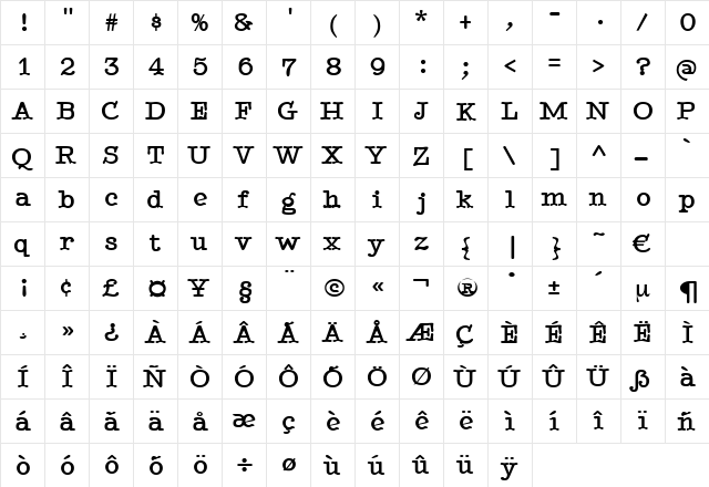 TypenradBold Regular  glyph index