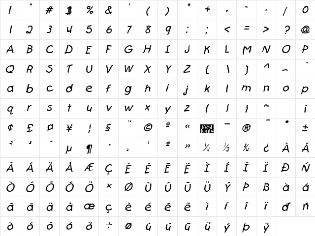 FirstGrader Italic  glyph index