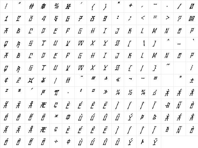 Wolfraid Italic Regular  glyph index