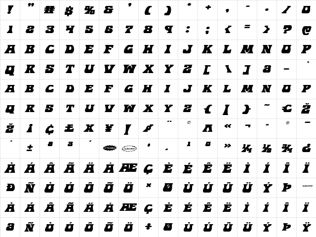 Hip Pocket Expanded Italic Expanded Italic  glyph index