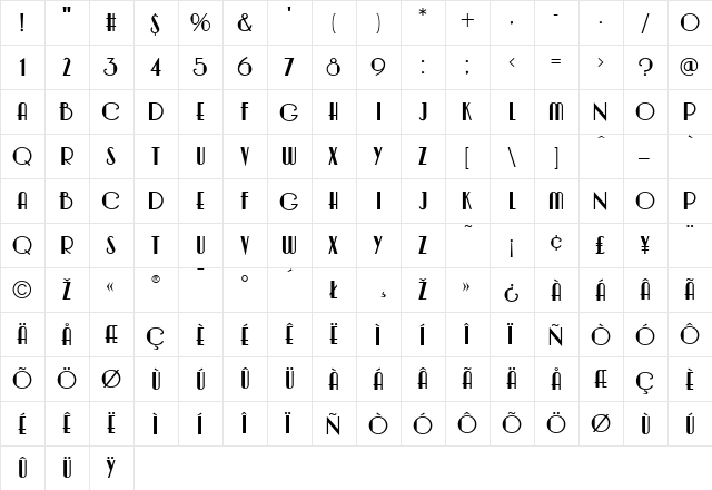 OrielModern Regular  glyph index