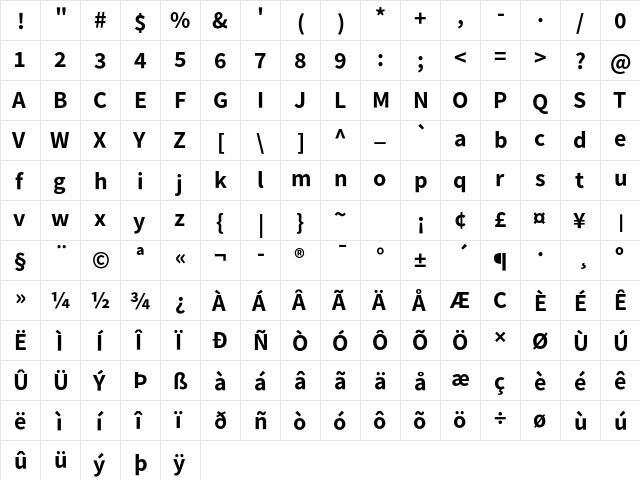 Assistant Bold  glyph index