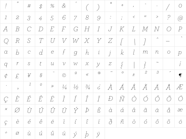 Archer Extra Light Italic  glyph index