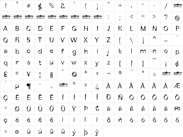 Boring Sans C Trial Light  glyph index
