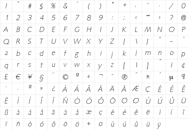 RogerBecker-ExtraLight Italic  glyph index
