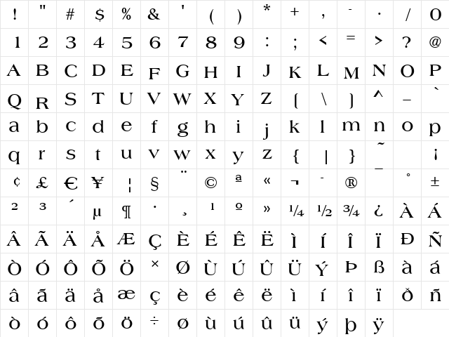 Almeria Bold  glyph index