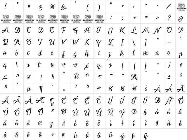 Preside Bold PERSONAL USE ONLY Regular  glyph index