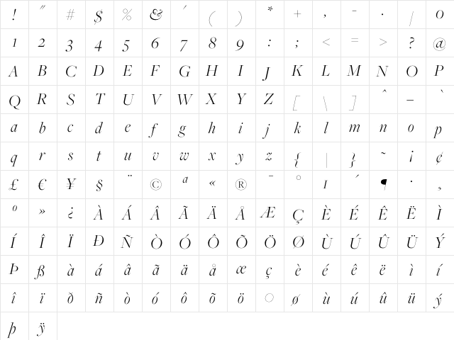 Freight Big Light Italic  glyph index