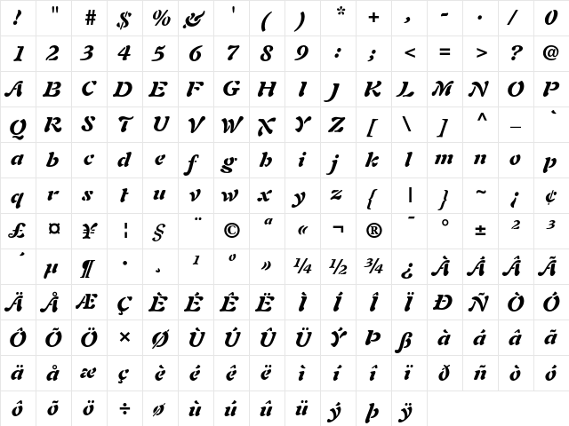 Auriol Black Italic  glyph index