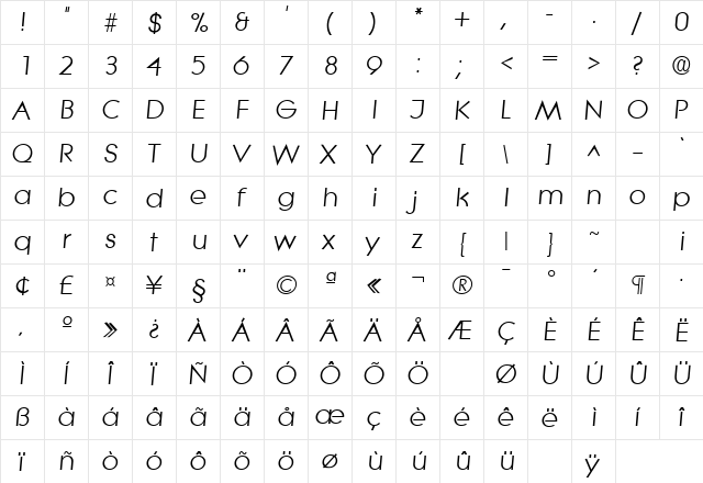 Litera Italic  glyph index