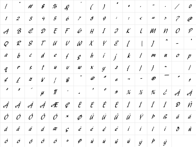 Beckhand Italic Regular  glyph index