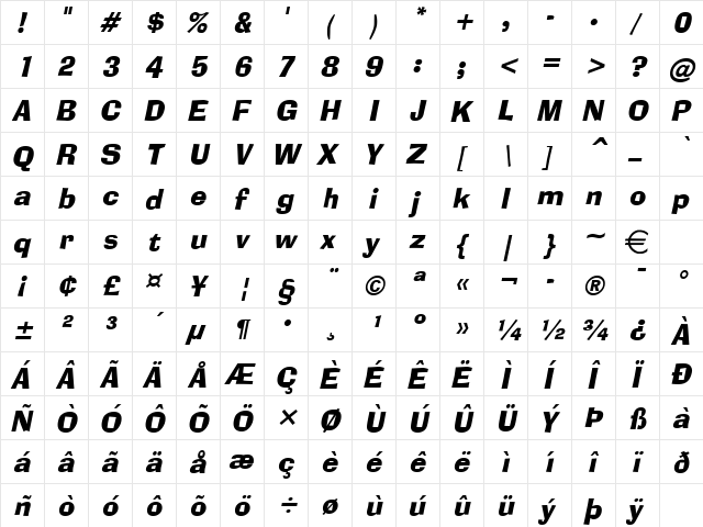 Alor Italic  glyph index