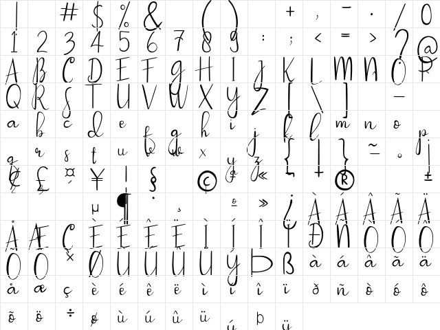 Passionate Regular  glyph index