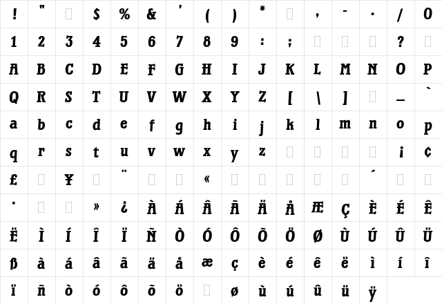 Waterloo Bold Plain  glyph index