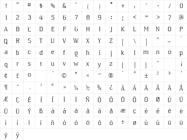 Quatsity Regular  glyph index