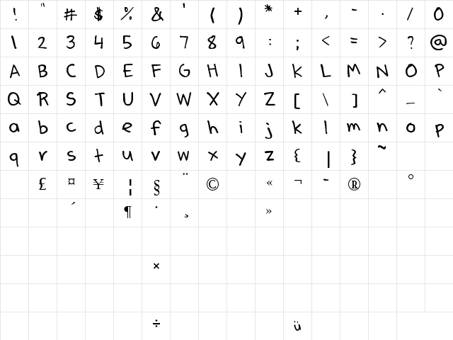 Denne's Pen Regular  glyph index