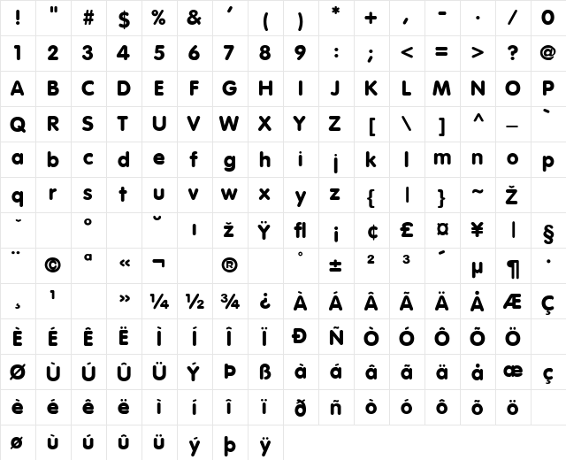 Vogue-ExtraBold Regular  glyph index