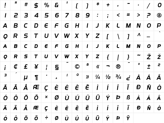 SF Fourche SC Italic  glyph index