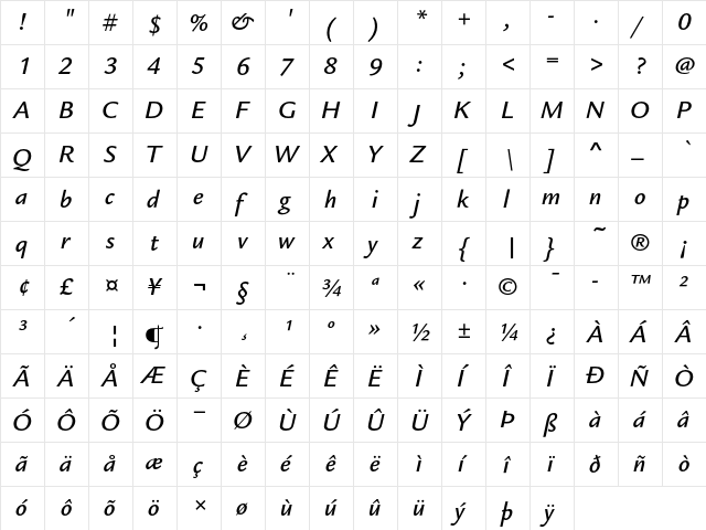 Legacy Sans ITC Medium Italic  glyph index