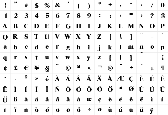 RiccioneSerial-Xbold Regular  glyph index