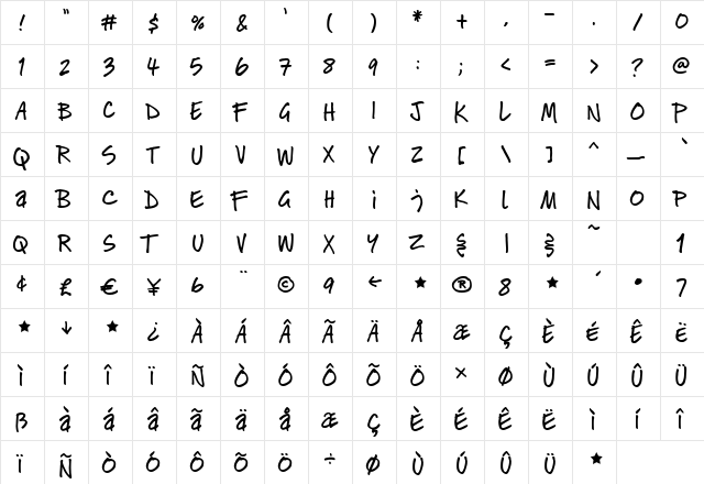 GFYWoodward Regular  glyph index