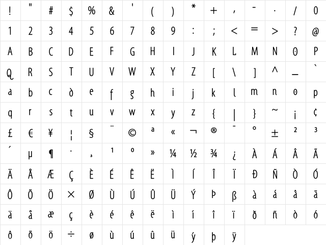 Santana-RegularCondensed Regular  glyph index