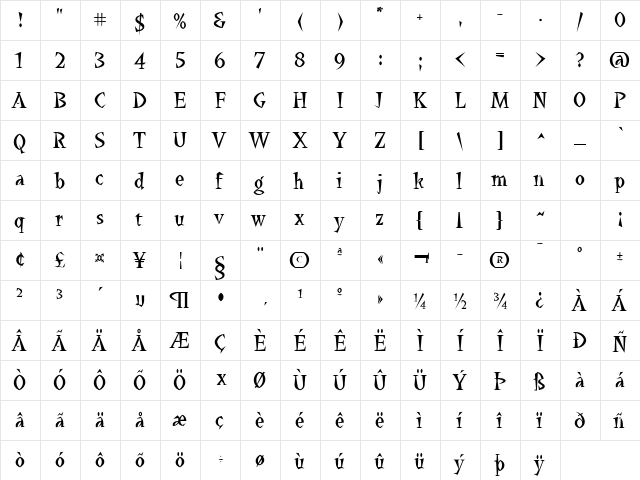 Quetzalcoatl Regular  glyph index
