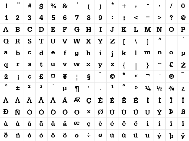 Serifa LT 45 Light Bold  glyph index