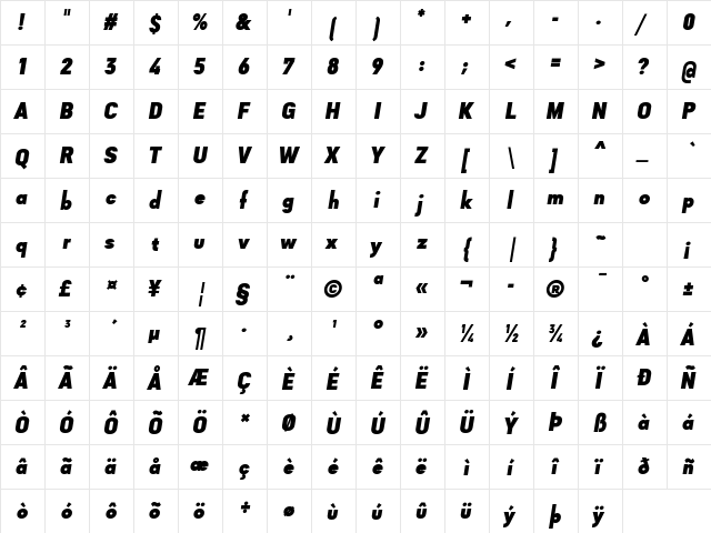 Goldbill XS ExtraBold Italic  glyph index