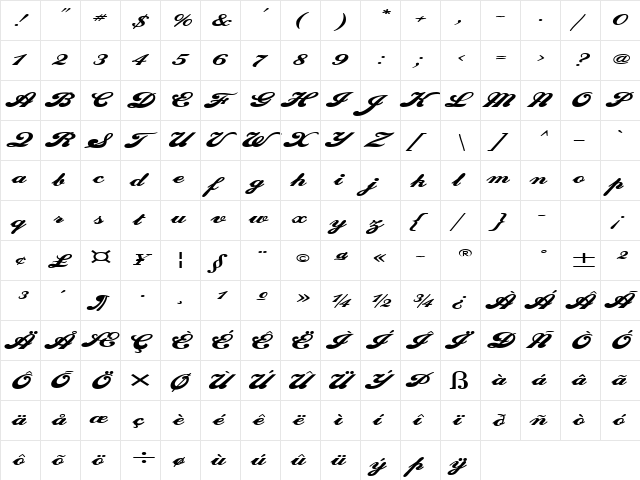Sweden Extended Bold  glyph index