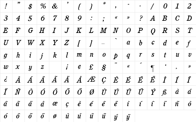 Cushing-MediumItalic Regular  glyph index
