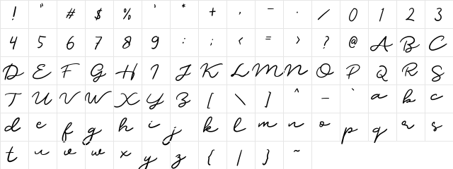 Dear Jane Regular  glyph index