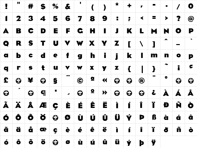 BureauEagleBold Regular  glyph index