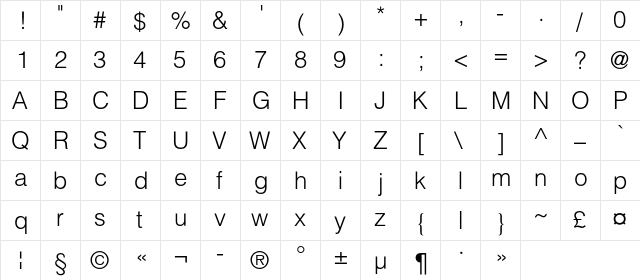 HeliosLightC Regular  glyph index