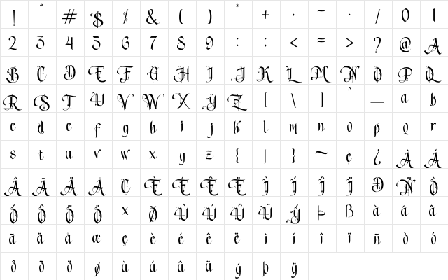 Song of coronos Regular  glyph index