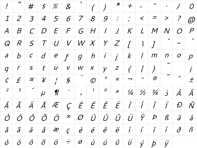 Cantarell Oblique  glyph index