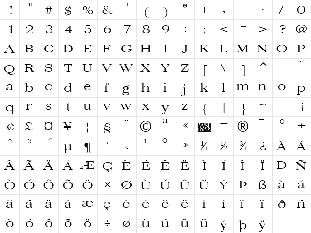 QuantasBroadLight Regular  glyph index