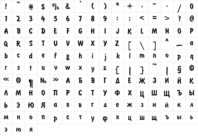 Painter Regular  glyph index