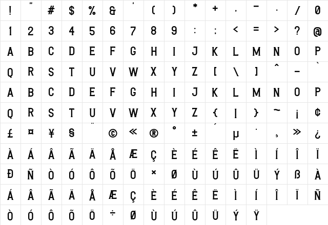 Rutheride Regular  glyph index