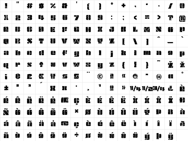 JLS OverKill Grunge Regular  glyph index