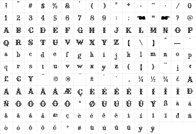 Saddlery Fill Regular  glyph index