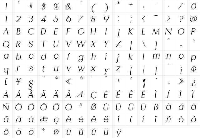 OLRadiant Regular  glyph index